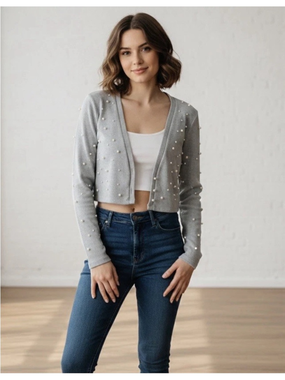 NWT Zara Pearl Embellished Cropped Cardigan Women’s Small Sage Green Coquett